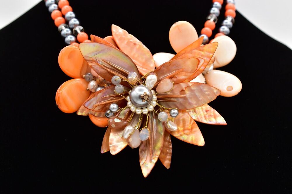 Vintage Beaded Statement Bib Necklace Flower Abalone Shell Chunky Orange Bin1